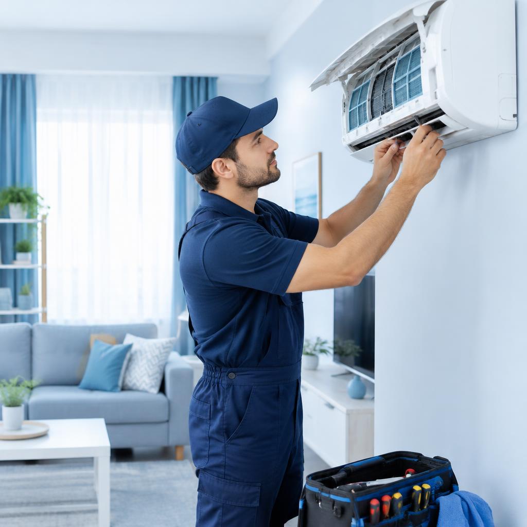 Air-conditioning technician carefully servicing an indoor AC unit